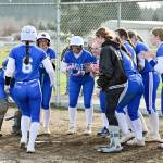 CHRYSTAL WELD PHOTOGRAPHY The Elma Eagles greet Sophia Jones (6) after she hit a home run during a 14-0 win over Rochester on Monday at Rochester High School.