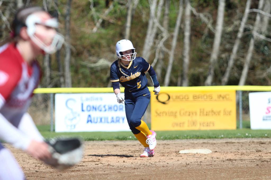 RYAN SPARKS / THE DAILY WORLD 
Aberdeen Rylee Hendrickson leads off from second base during an 11-0 victory over Hoquiam on Saturday at Gable Park in Hoquiam.