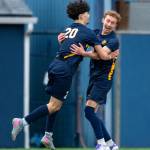 RYAN SPARKS | THE DAILY WORLD Aberdeens Gonzalo Barriors (20) celebrates a goal with teammate Tyson Dunlap during a 3-1 win over Mountain View on Friday at Stewart Field in Aberdeen.