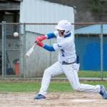 NICOLE SHANNON | MAIN FOCUS MEDIA Elmas Jackson Bucy collects a base hit during a doubleheader sweep over Hoquiam on Monday in Elma.