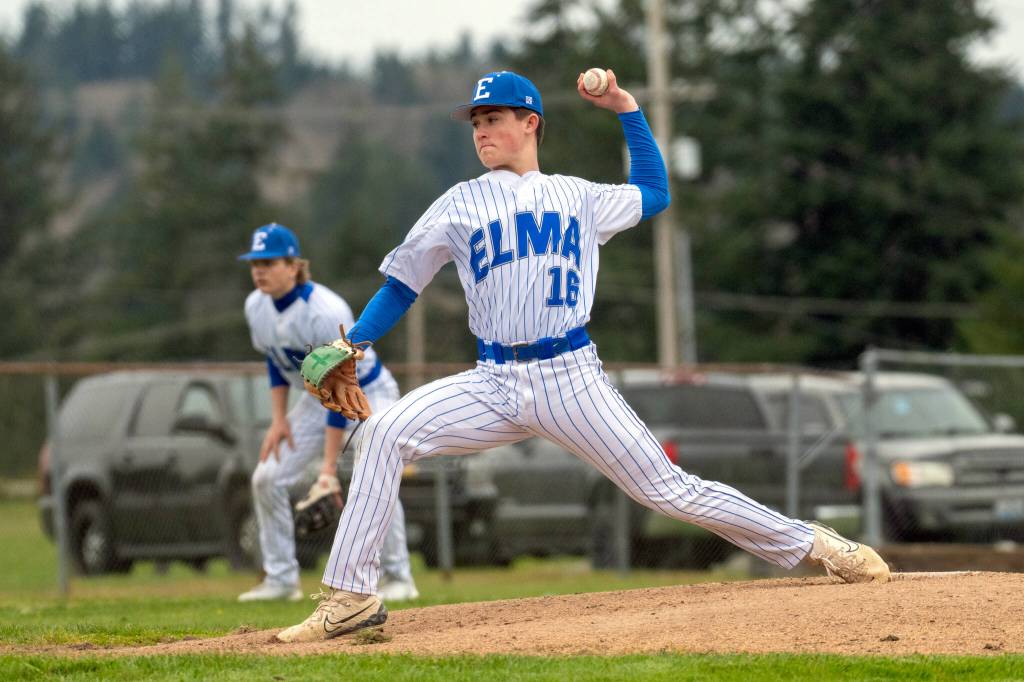 PHOTO BY FOREST WORGUM Elmas Troy Rupe allowed one earned run on three hits to earn the win in a 24-1 victory over Hoquiam in the first game of a doubleheader on Monday in Elma.
