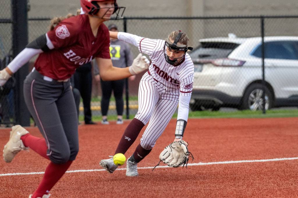 PHOTO BY FOREST WORGUM Montesano third baseman Lex Stanfield makes a play during at 21-5 win over Hoquiam on Thursday at Montesano High School.