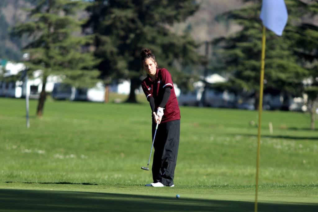 PHOTO BY HAILEY BLANCAS Montesanos Hailey Blancas shot a low round of 54 to lead the Bulldogs past Rochester 223-273 on Thursday at the Riverside Golf Course in Chehalis.