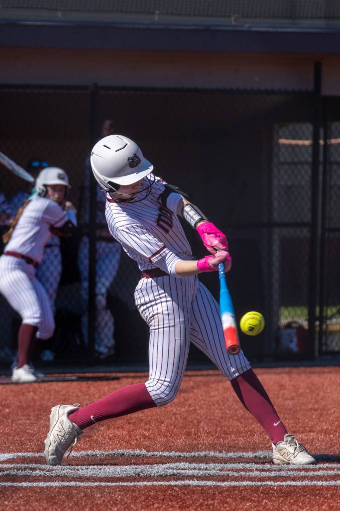 PHOTO BY FOREST WORGUM Montesanos Taylor Galvin connects with a pitch during a 10-2 win over Cedar Park Christian on Friday at Montesano High School.