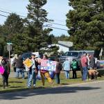 Jerry Knaak / The Daily World
Protesters line up in the median on Point Brown Avenue in Ocean Shores.
