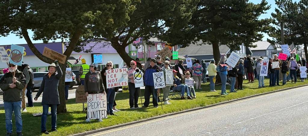 Protesters line the median in both directions on Point Brown Avenue in Ocean Shores. (Jerry Knaak / The Daily World)