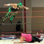 The Daily World photos
Celestial jumps off the turnbuckle to body slam Pascal Penguino in their rematch Saturday at the Equinox Eruption in Ocean Shores.