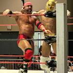 El Tigre Oro moves to slam Christopher Rysecks face into the top turnbuckle in the opening match of Rogue Wrestlings contest Saturday.