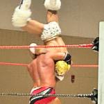 Christopher Ryseck prepares to slam El Tigre Oro during their match Saturday for Rogue Wrestlings Equinox Eruptions at the Ocean Shores Convention Center.