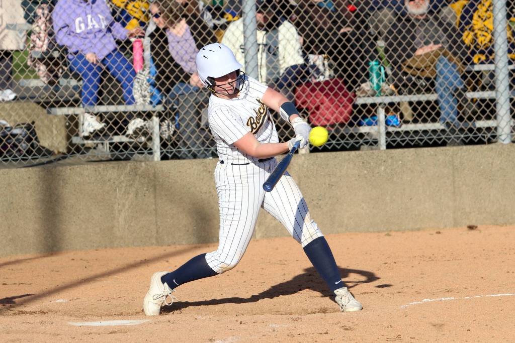 RYAN SPARKS / THE DAILY WORLD 
Aberdeens Cheyanna Kohn hammers a two-run home run in the bottom of the fifth inning of an 8-5 win over W.F. West on Monday in Aberdeen.