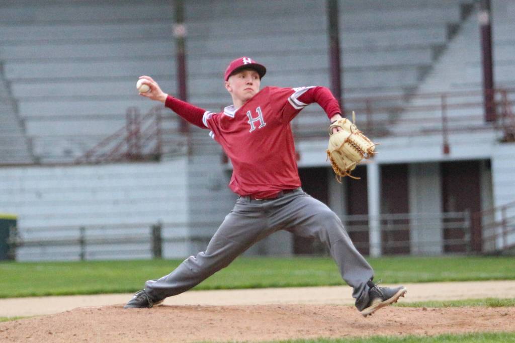RYAN SPARKS | THE DAILY WORLD Hoquiam starter Lucas Montoure throws a pitch during the second game of a doubleheader against Rochester on Tuesday at Olympic Stadium in Hoquiam.