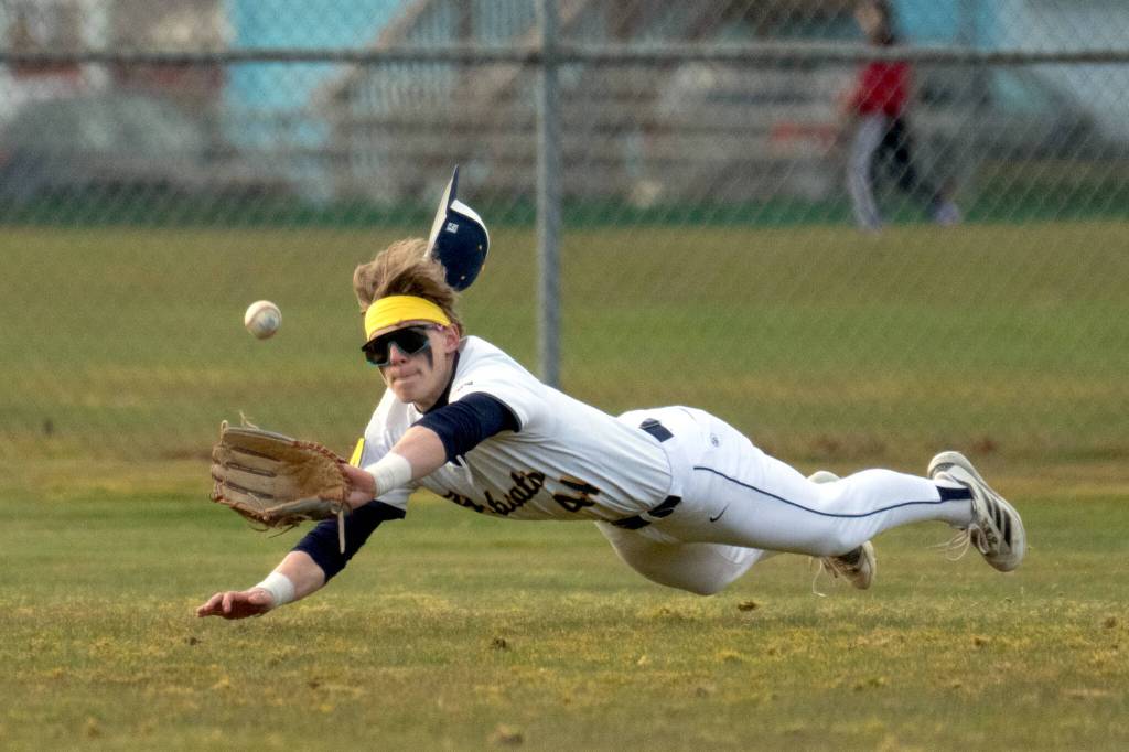 PHOTO BY FOREST WORGUM Aberdeen left fielder Donavaan Hedgpeth makes a diving catch in the seventh inning of a 2-1 win over Shelton on Thursday in Aberdeen.