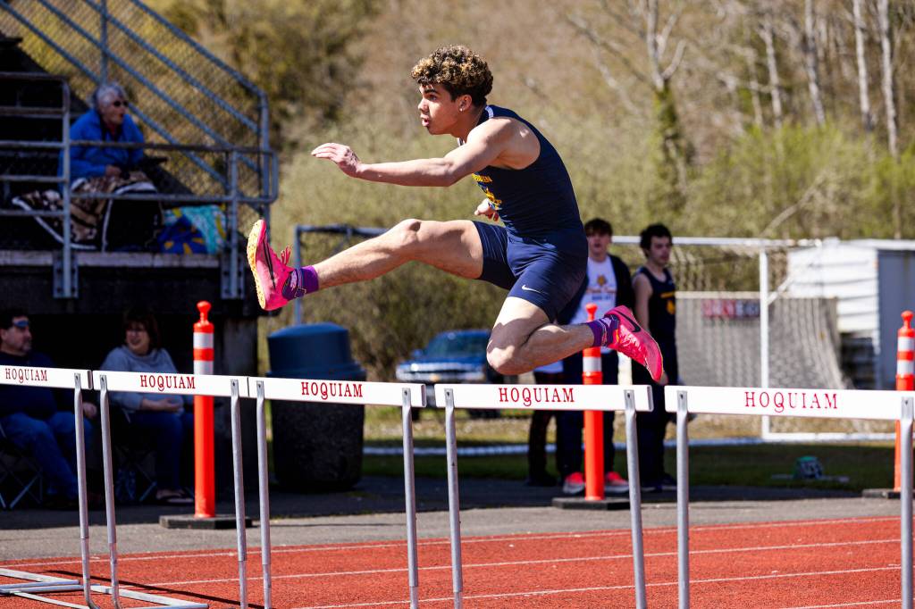 PHOTO BY MIKE ROBERTS Aberdeens Adonis Hammonds won the boys 300-meter hurdles at the Ray Ryan Memorial GHC Championships on Saturday at Hoquiam High School.