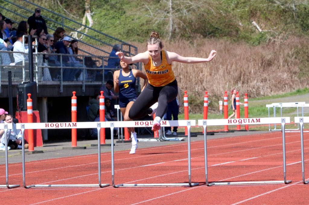 RYAN SPARKS | THE DAILY WORLD North Beachs Elka Cox swept both the girls hurdles races at the Ray Ryan Memorial GHC Championships on Saturday at Hoquiam High School.