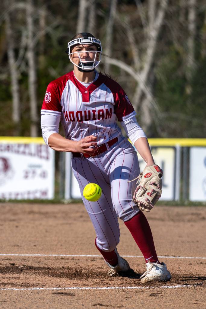 PHOTO BY FOREST WORGUM Hoquiam pitcher Hailee Burgess throws a pitch during a 5-1 win over Tenino on Friday at John Gable Park in Hoquiam.