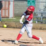 NICOLE SHANNON | MAIN FOCUS MEDIA Hoquiams Mya Standstipher collects a base hit in a 5-1 victory over Tenino on Friday at John Gable Park in Hoquiam.