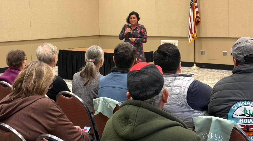 Jerry Knaak / The Daily World
Rep. Emily Randall speaks to Ocean Shores residents at a town hall.