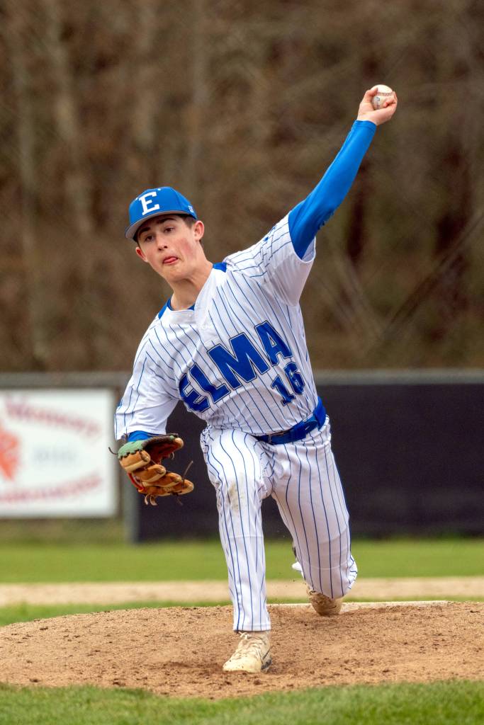 PHOTO BY FOREST WORGUM Elma pitcher Troy Rupe, seen here in a file photo, pitched a one-hitter with 14 strikeouts to earn a shutout win over DeSales on Tuesday at DeSales High School.
