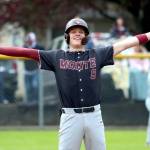 RYAN SPARKS | THE DAILY WORLD Montesanos Mason Fry acknowledges his teammates after belting a double during a 13-1 win over Kings Way Christian on Saturday in Montesano.