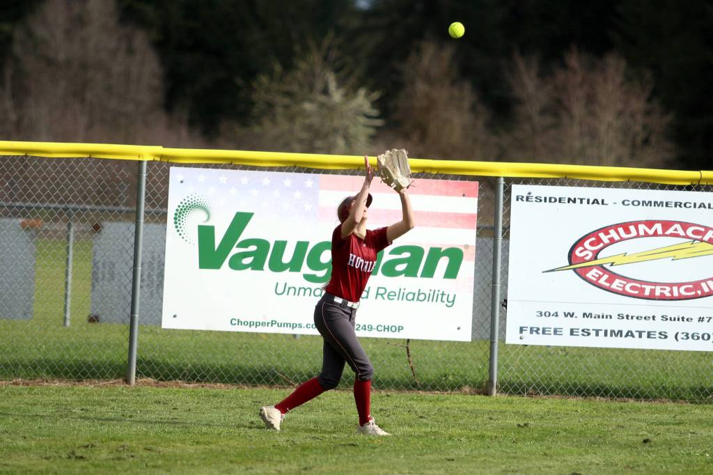 RYAN SPARKS | THE DAILY WORLD Hoquiam center fielder Avery Brodhead makes a catch during a 10-0 loss to Elma on Monday in Elma.
