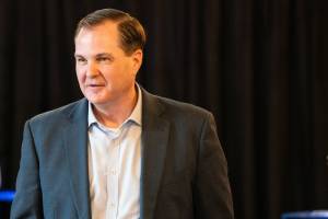 The Chronicle
State Sen. John Braun, R-Centralia, greets an attendee during the Lewis County Republican Partys Lincoln Day Dinner in Chehalis on Saturday, April 11.