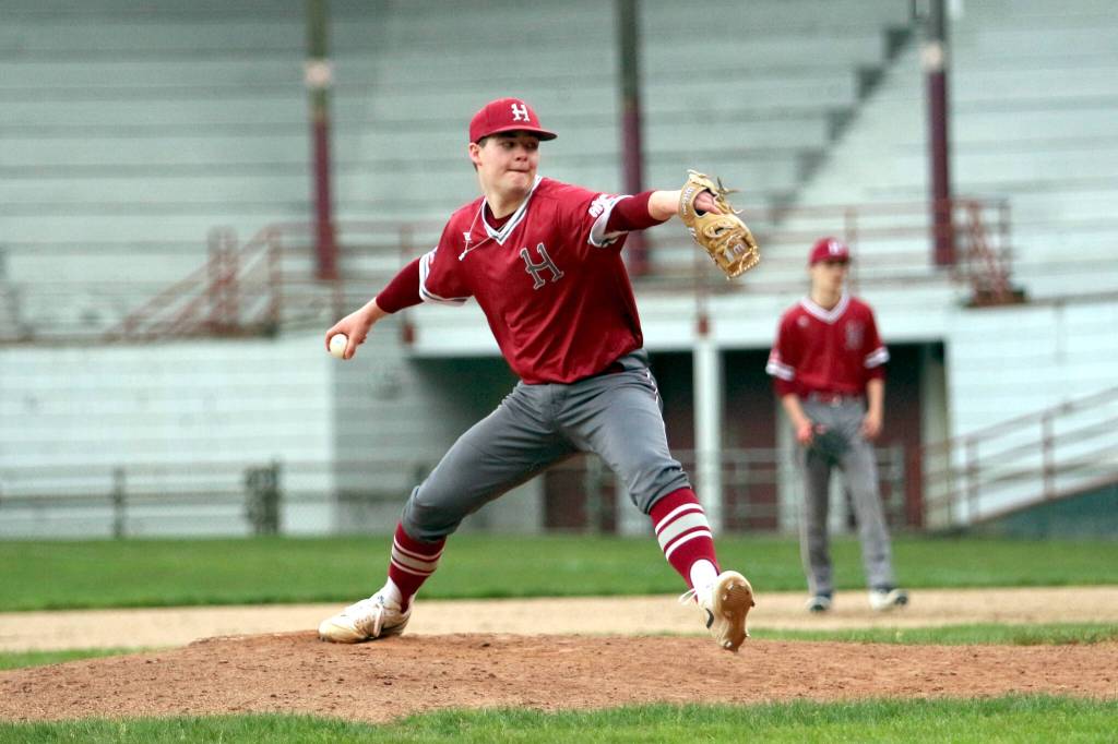 RYAN SPARKS | THE DAILY WORLD Hoquiam senior Joey Bozich throws a pitch during the second game of a doubleheader against Montesano on Monday at Olympic Stadium in Hoquiam.