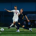 ALICIA TISDALE PHOTOGRAPHY Aberdeens Tyson Dunlap (right) defends W.F. Wests Isaac Alderson during the Bobcats 2-0 loss on Tuesday at Stewart Field in Aberdeen.