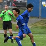 PHOTO BY CINDY MILES Elmas Ivan Rodriguez (left) and Manny Venegas celebrate a goal during a 3-1 win over Montesano on Wednesday at Elma High School.