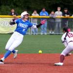 RYAN SPARKS | THE DAILY WORLD Elmas Raelynn Weld (left) hit two doubles in a 10-6 loss to Montesano on Thursday at Dick Tagman Field in Montesano.