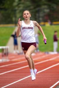 Montesano's Haley Schweppe competes in the girls 4x400 relay during the 1A/2B/1B League meet on Tuesday at Jack Rottle Field in Montesano. (PHOTO BY FOREST WORGUM)