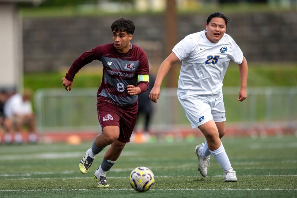 PHOTO BY FOREST WORGUM Montesanos Andy Melendez (left) looks to move the ball up the field during a 5-0 win over Chief Leschi on Tuesday at Jack Rottle Field in Montesano.