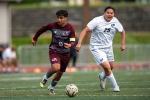 PHOTO BY FOREST WORGUM Montesanos Andy Melendez (left) looks to move the ball up the field during a 5-0 win over Chief Leschi on Tuesday at Jack Rottle Field in Montesano.