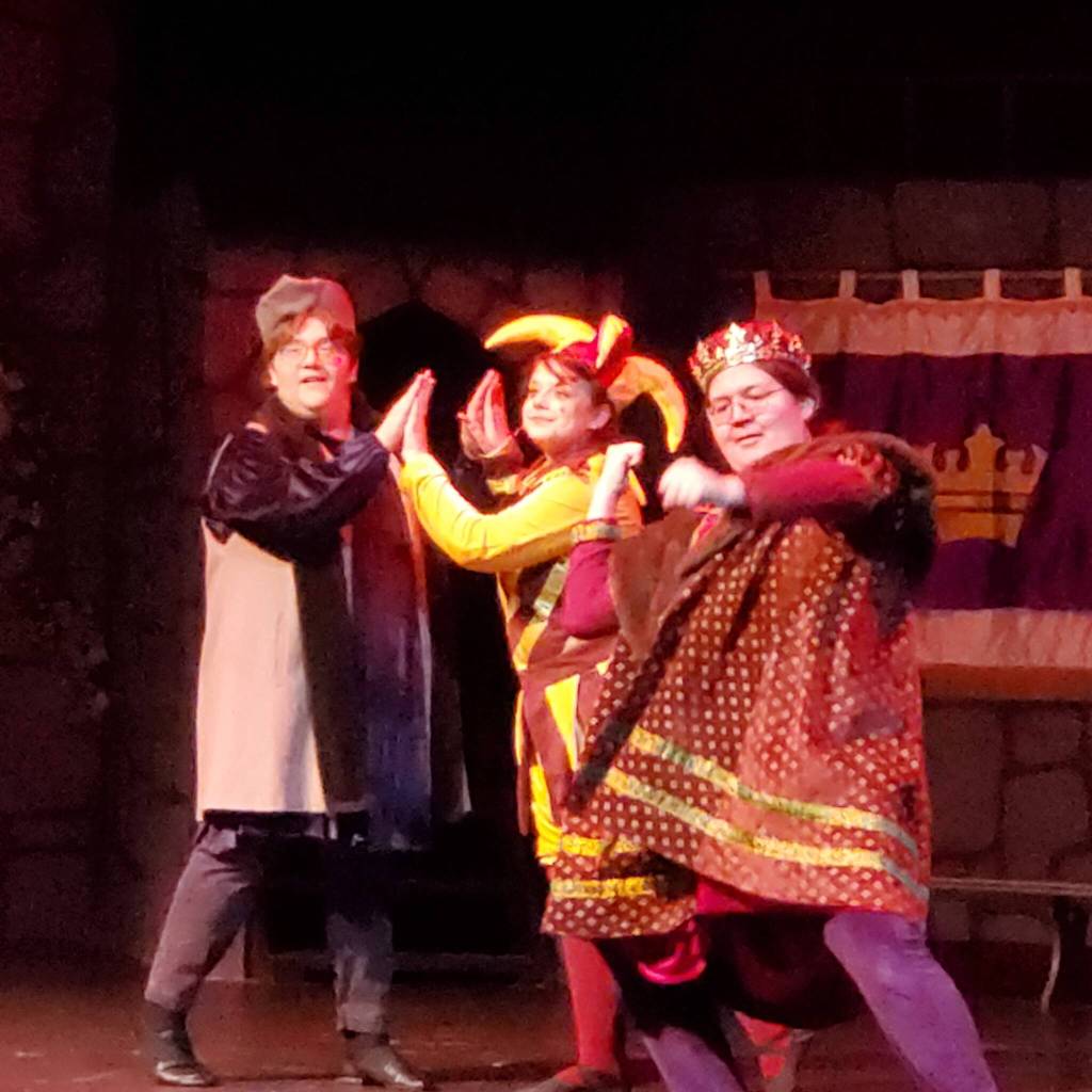 From left: Dylan Brown (Minstrel), Jester (Macie Leach) and Preston Williams (King Sextimus)