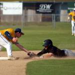 RYAN SPARKS | THE DAILY WORLD Aberdeen infielder Greg Edwards (left) catches Tumwaters Peyton Davis trying to steal during the Bobcats 8-1 loss on Friday at Pioneer Park.