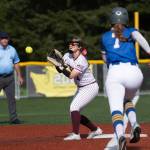 PHOTO BY FOREST WORGUM Montesano first baseman Regan Wintrip (left) records an out during a 2-1 win over Adna on Friday at Dick Tagman Field in Montesano.