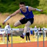 PHOTO BY FOREST WORGUM Elmas Logan Mullins won both boys hurdles races at a league meet on Thursday at Hoquiam High School.