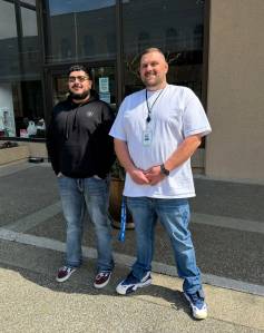 Coastal Community Action Program facilitators for the upcoming community Entry Event (from left) Rob Mendoza and Ryan Rowell outside of CCAP building in Aberdeen.