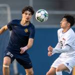 RYAN SPARKS | THE DAILY WORLD Aberdeens Gonzalo Blanes (left) and Centralias Adrian Hernandez Ceja play the ball during the Bobcats 6-1 win on Tuesday at Stewart Field in Aberdeen.