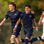 RYAN SPARKS | THE DAILY WORLD Aberdeens Yoanis Chignesse (left) and Gibran Garcia celebrate a goal during a 6-1 win over Centralia on Tuesday at Stewart Field in Aberdeen.