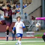 PHOTO BY LARRY BALE Raymond-South Bends Adam Mora (10) sends a header toward Elma goalkeeper Trey Yeager during a 3-3 tie on Wednesday in South Bend.