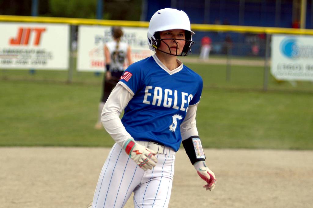 RYAN SPARKS | THE DAILY WORLD Elmas Sophie Jones heads to third base during a 5-4 loss to Cedar Park Christian on Friday in Elma.