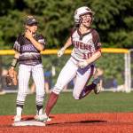 MATT RUMBLES PHOTOGRAPHY Raymond-South Bend senior Emma Glazier (10) cheers after hitting a home run during a 5-3 win over Onalaska in a 2B District 4 Tournament game on Monday at Dick Tagman Field in Montesano.