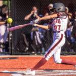 MATT RUMBLES PHOTOGRAPHY Raymond-South Bends Ryann Mark belts a double during a 5-3 win over Onalaska in a 2B District 4 Tournament game on Monday at Dick Tagman Field in Montesano.