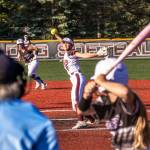 MATT RUMBLES PHOTOGRAPHY Raymond-South Bend pitcher Madi San throws a pitch during a 5-3 win over Onalaska in a 2B District 4 Tournament game on Monday at Dick Tagman Field in Montesano.