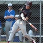 PHOTO BY FOREST WORGUM Montesanos Zach Timmons smacks a walk-off single to drive in the final run of a 10-0 win over La Center in a 1A District 4 quarterfinal game on Tuesday at Olympic Stadium in Hoquiam.