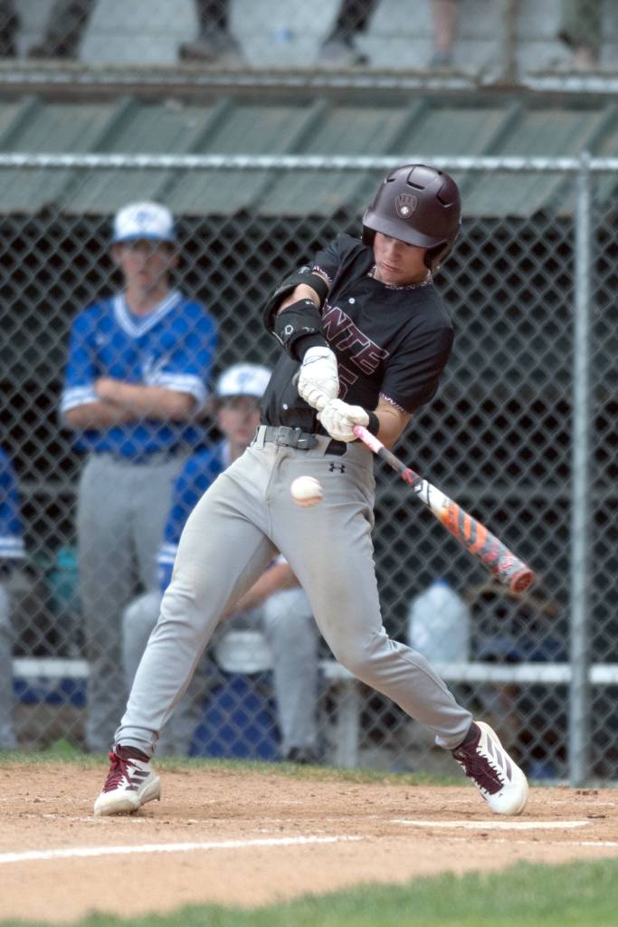 PHOTO BY FOREST WORGUM Montesanos Zach Timmons smacks a walk-off single to drive in the final run of a 10-0 win over La Center in a 1A District 4 quarterfinal game on Tuesday at Olympic Stadium in Hoquiam.