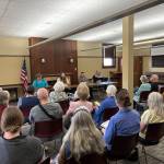 Jerry Knaak / The Daily World
The meeting room at the Hoquiam Timberland Library was packed for a meeting with two members of TRLs Board of Trustees.