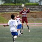RYAN SPARKS | THE DAILY WORLD Montesanos Drew Bruland (9) get his head on the ball during a 3-2 loss to La Center in a 1A District 4 Tournament elimination game on Thursday at Montesano High School.