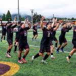 PHOTO BY MATT RUMBLES The Raymond-South Bend Ravens celebrate a 1-0 win over Columbia-White Salmon in a 1A District 4 Tournament semifinal game on Thursday at Sanchez Field in South Bend.