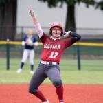 NICOLE SHANNON | MAIN FOCUS MEDIA Hoquiam catcher Mya Standstipher celebrates during an 8-3 win over Nooksack Valley in a 1A District 4 Tournament game on Friday at Fort Borst Park in Centralia.
